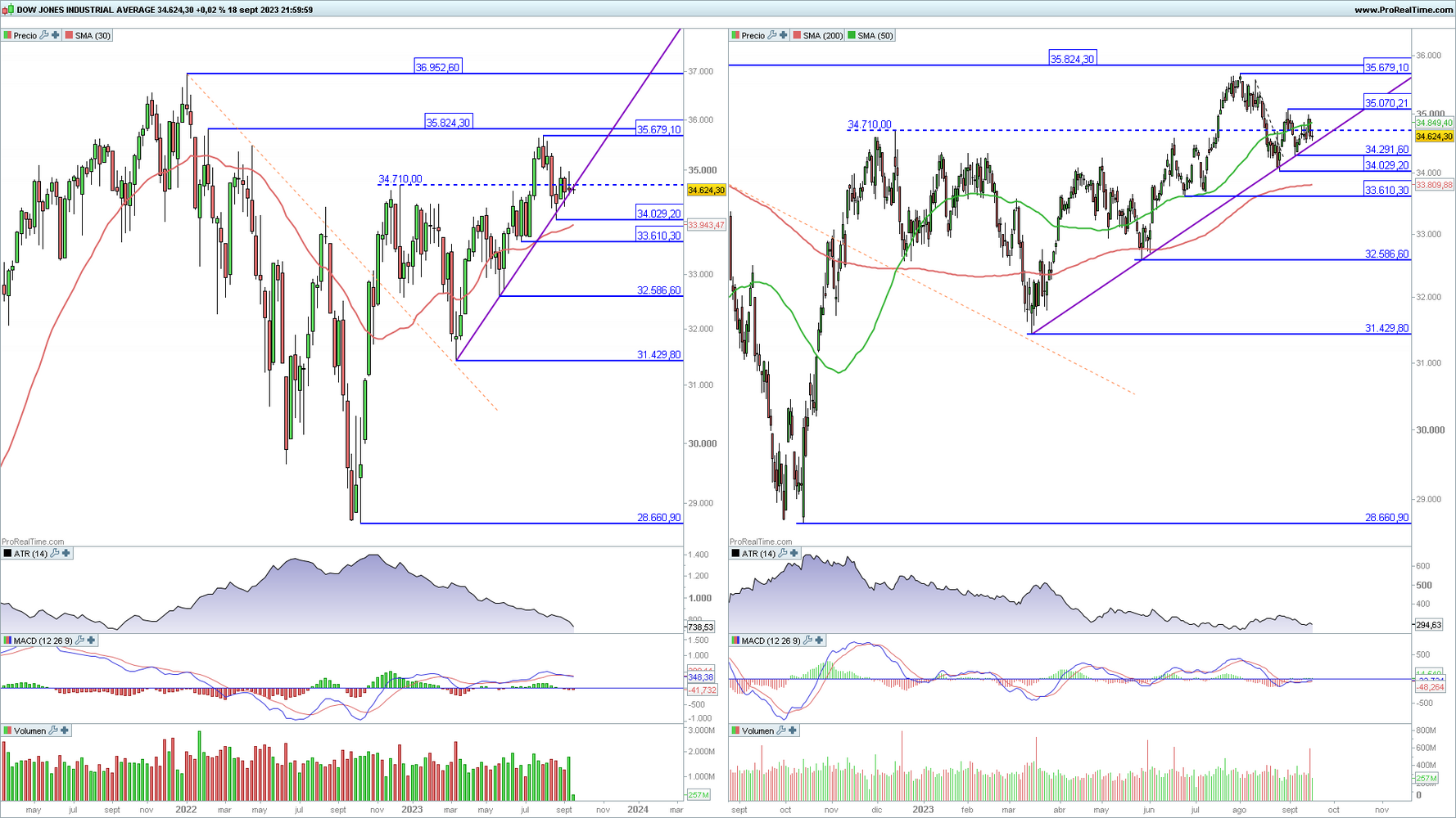 Dow Jones Industrial en gr&aacute;fico diario y semanal con la plataforma ProRealTime
