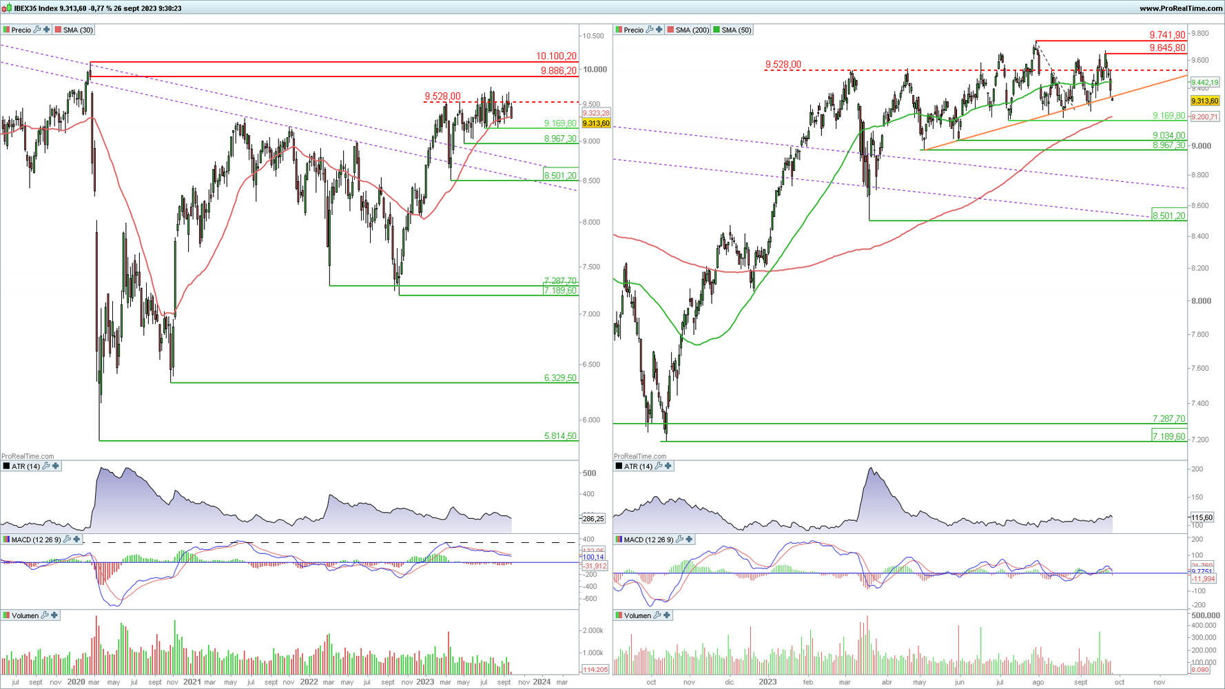 Ibex 35 en gr&aacute;fico diario y semanal con la plataforma ProRealTime