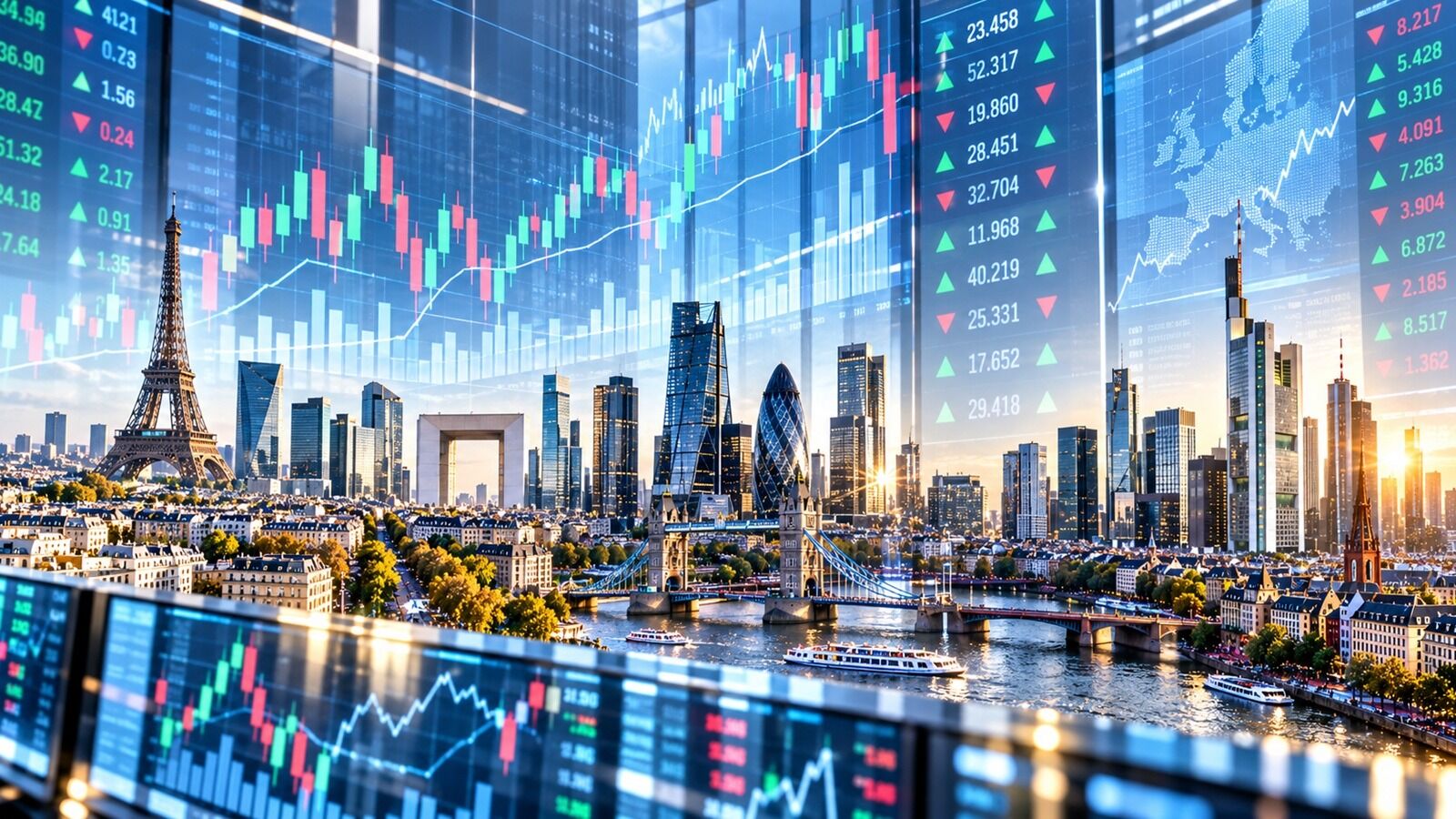 Imagen de las bolsas europeas con los edificios m&aacute;s importantes de Londres Par&iacute;s y Frankfurt