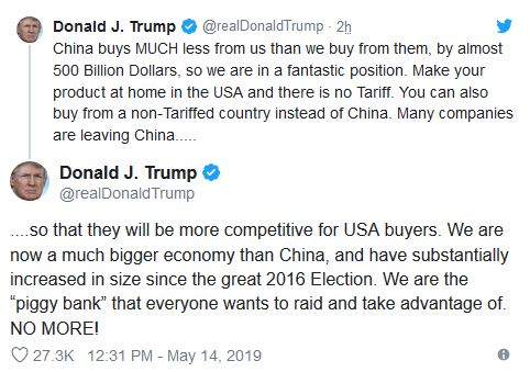 Tuit de Trump sobre los aranceles a China