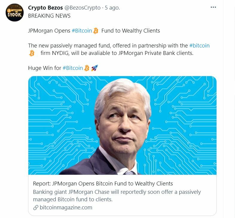 Bitcoin en twitter sobre JPMorgan 