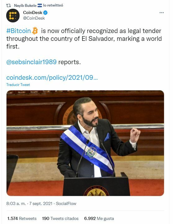 Bitcoin tuit adopción moneda en El Salvador