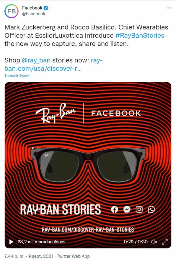 Facebook tuit sobre el anuncio de las nuevas gafas inteligentes 