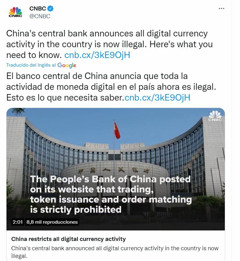 Bitcoin tuit sobre su ilegalización en China 