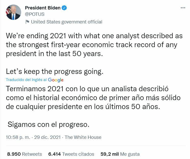 Tuit de Joe Biden sobre la buena marcha de la economía de EEUU