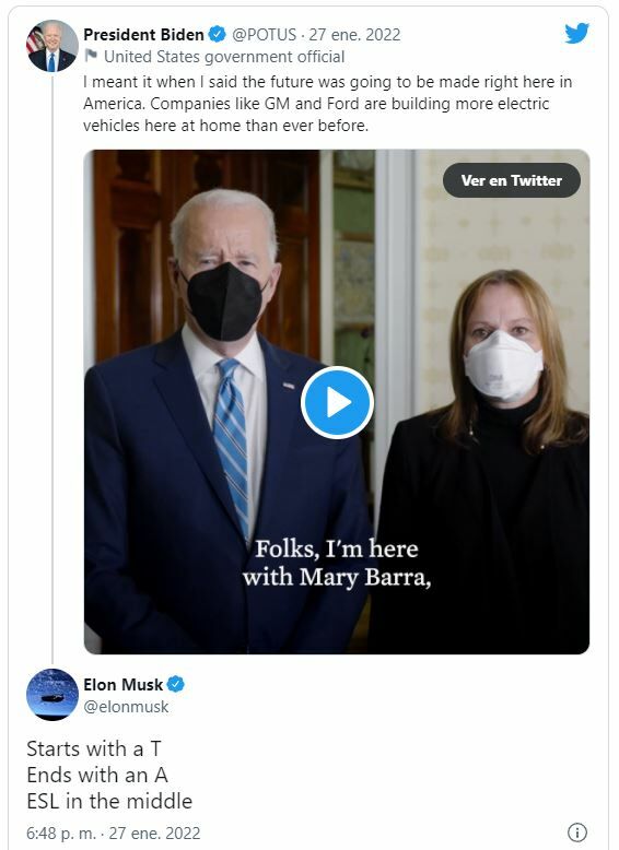 Contestación de Elon Musk a un tuit del presidente de EEUU