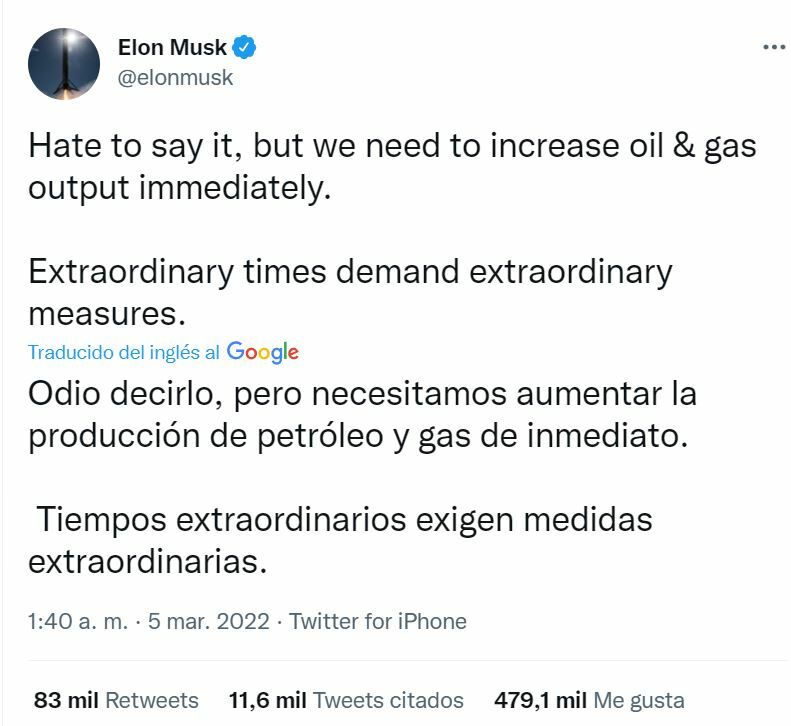 Elon Musk tuit para pedir que se extraiga más gas y petróleoElon Musk tuit para pedir que se extraiga más gas y petróleo Elon Musk tuit para pedir que se extraiga más gas y petróleo