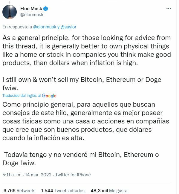 Ethereum tuit de Elon Musk sobre que no venderá sus criptomonedas 