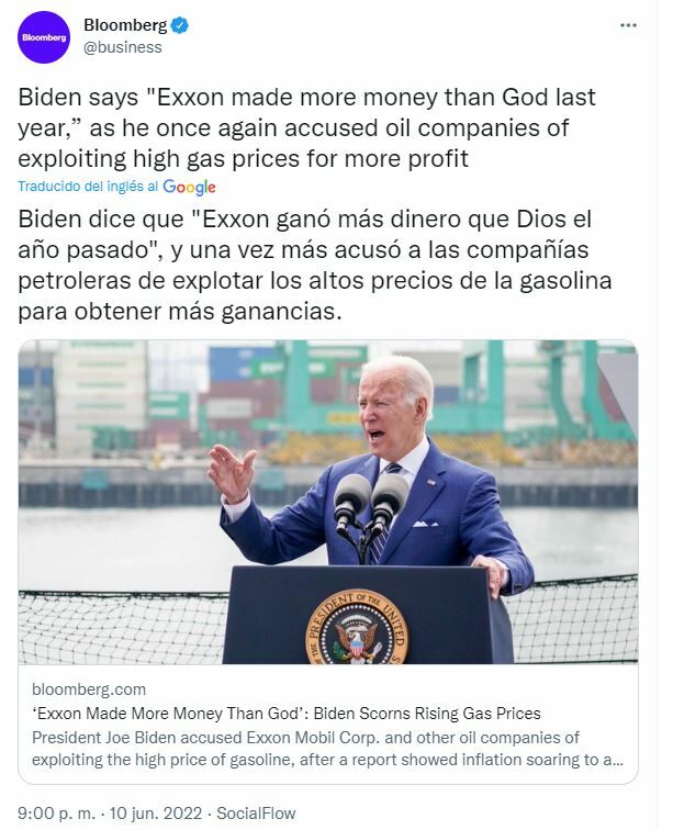 Tuit sobre las declaraciones del presidente Biden y las ganancias de Exxon