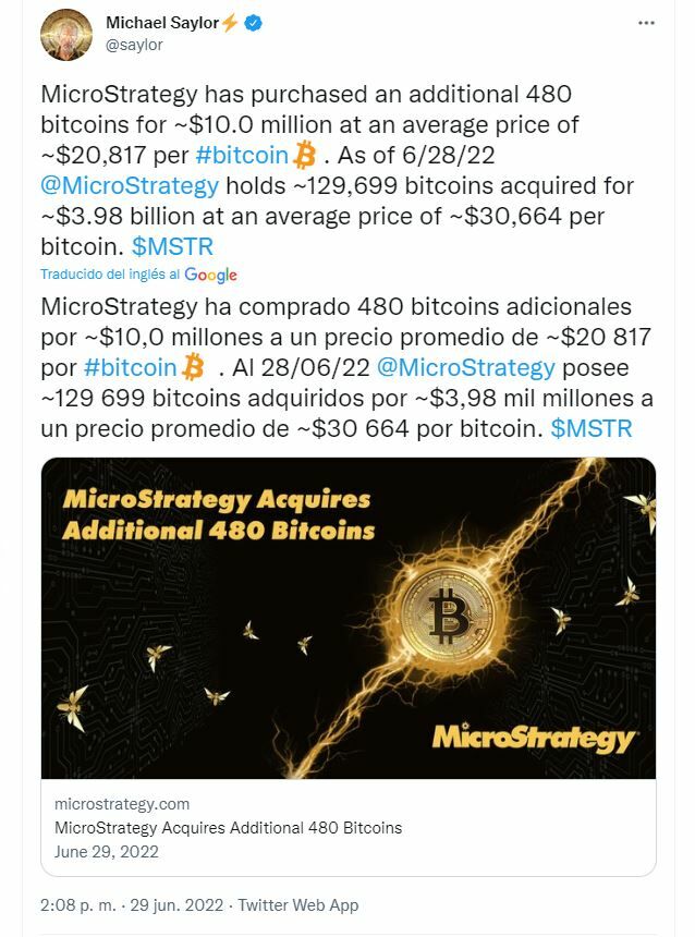 Bitcoin tuit de Nichael Saylor sobre su nueva compra de la criptomoneda