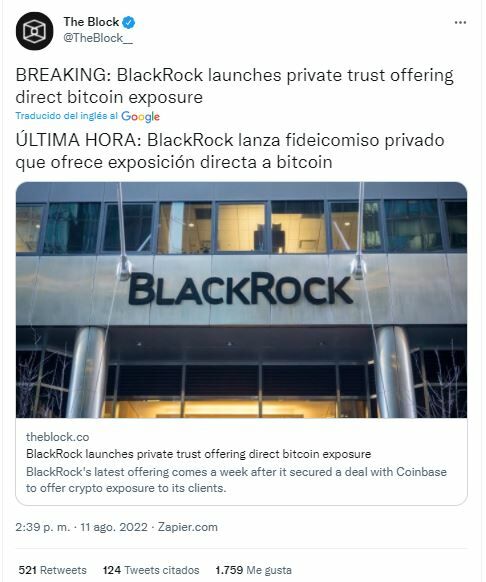 Tuit sobre el nuevo fondo de BlackRock