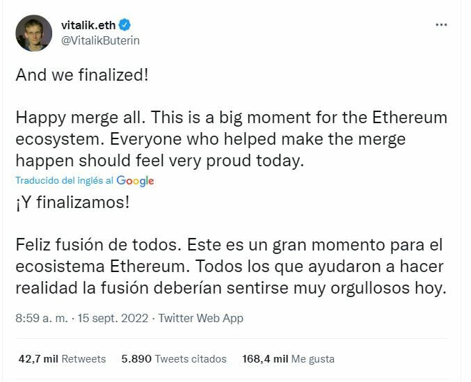 Ethereum tuit de su cofundador tras la Fusión 