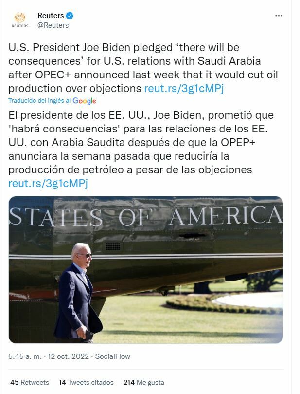 Reuters tuit sobre las declaraciones e Joe Biden sobre Arabia Saudí