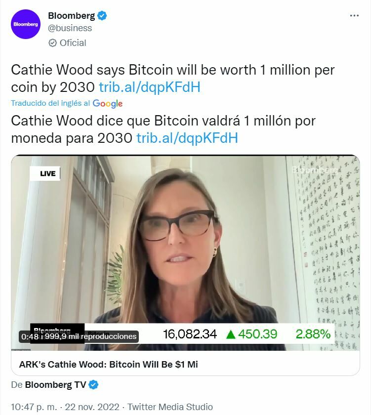 Declaraciones de Cathie Wood en Bloomberg sobre Bitcoin