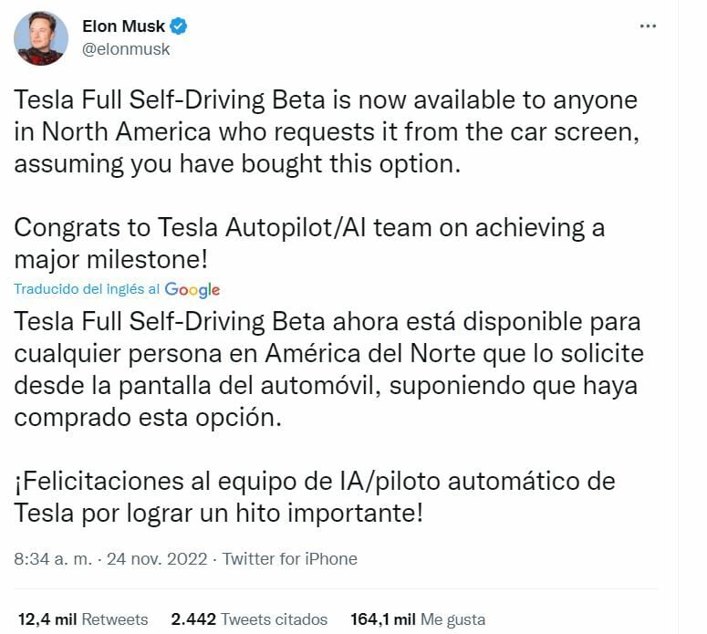 Tesla anuncio sobre su sistema FSD en Estados Unidos 