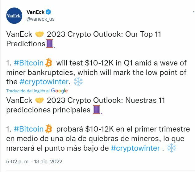 Tuit de VanEck sobre la evolución de Bitcoin