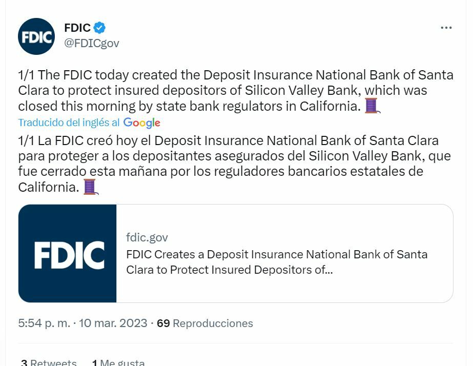 Tuit de la FDIC indicando el cierre de SVB Financial