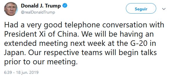 Tuit de Trump sobre la reunión con Xi Jinping en el G20