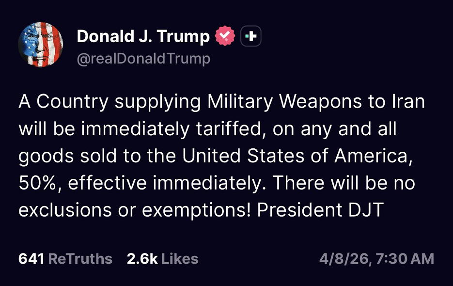 Trump advierte que cualquier país que suministre armas militares a Irán se enfrentará a un arancel del 50%