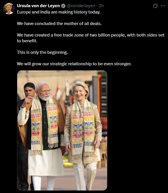 Von der Leyen confirma el acuerdo comercial entre la UE e India