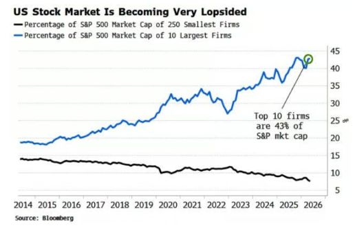 Las 10 principales acciones estadounidenses representan un porcentaje de aproximadamente el 43% de la capitalización bursátil del S&P 500